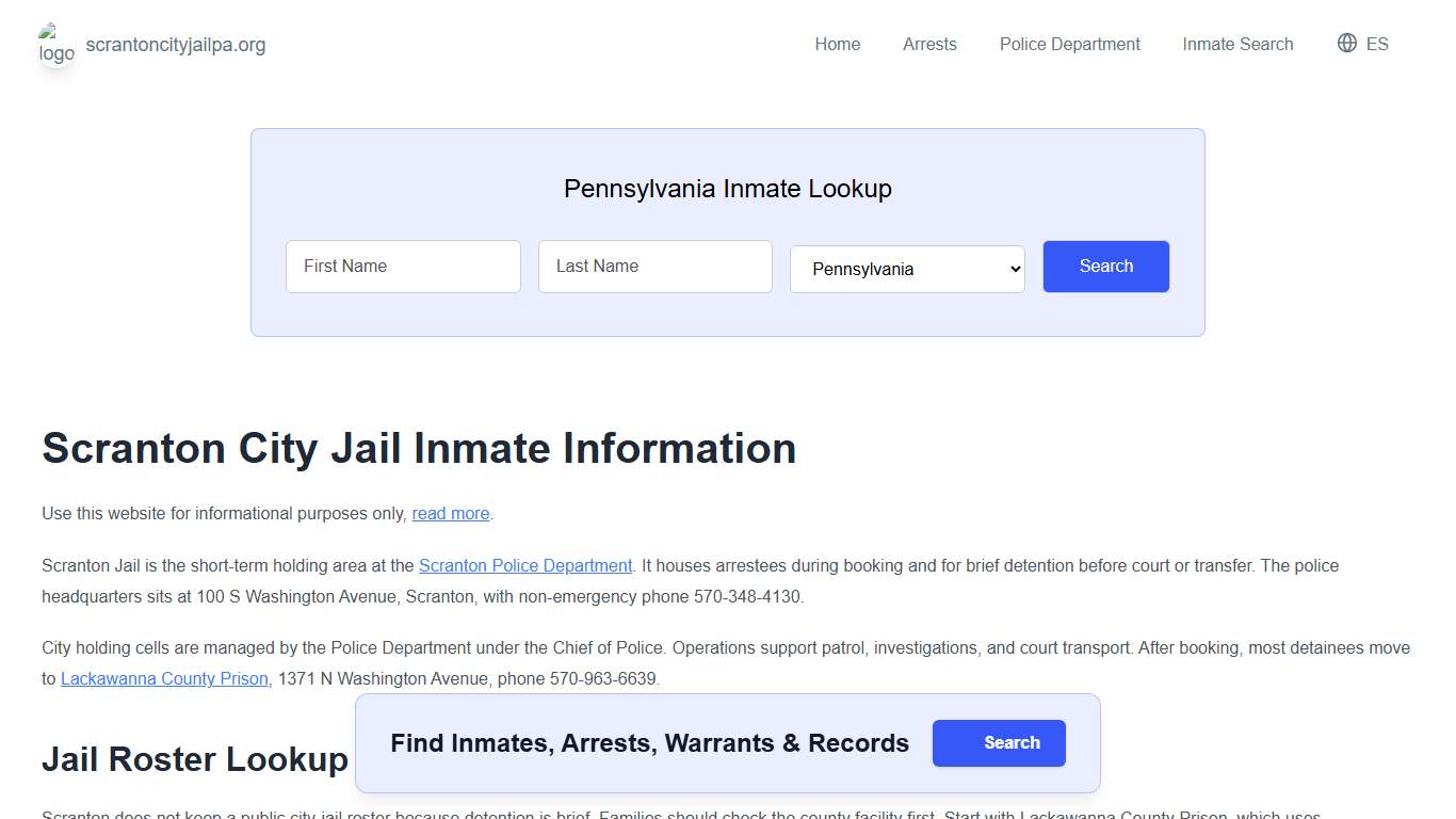 Scranton Jail, PA Inmate Roster, Municipal Jail Info