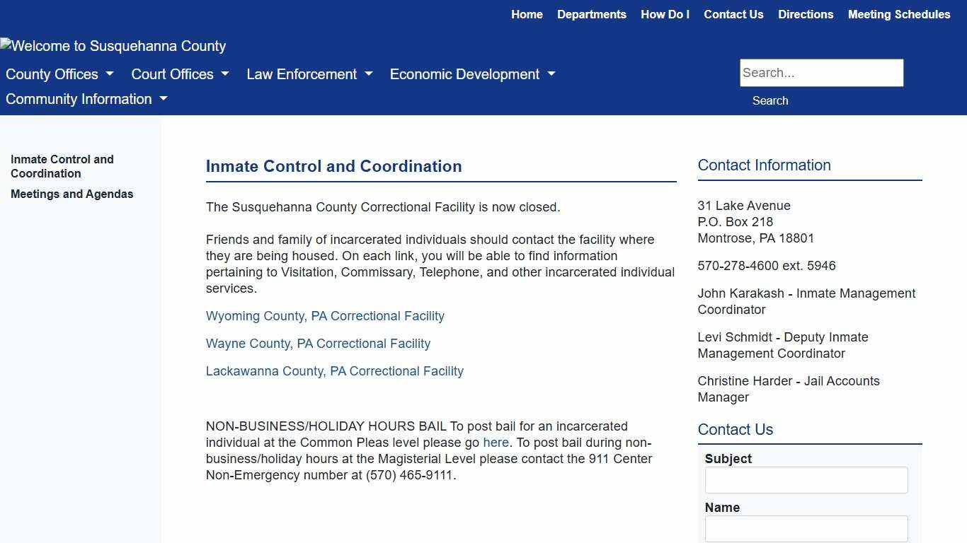 Susquehanna County - Inmate Control and Coordination